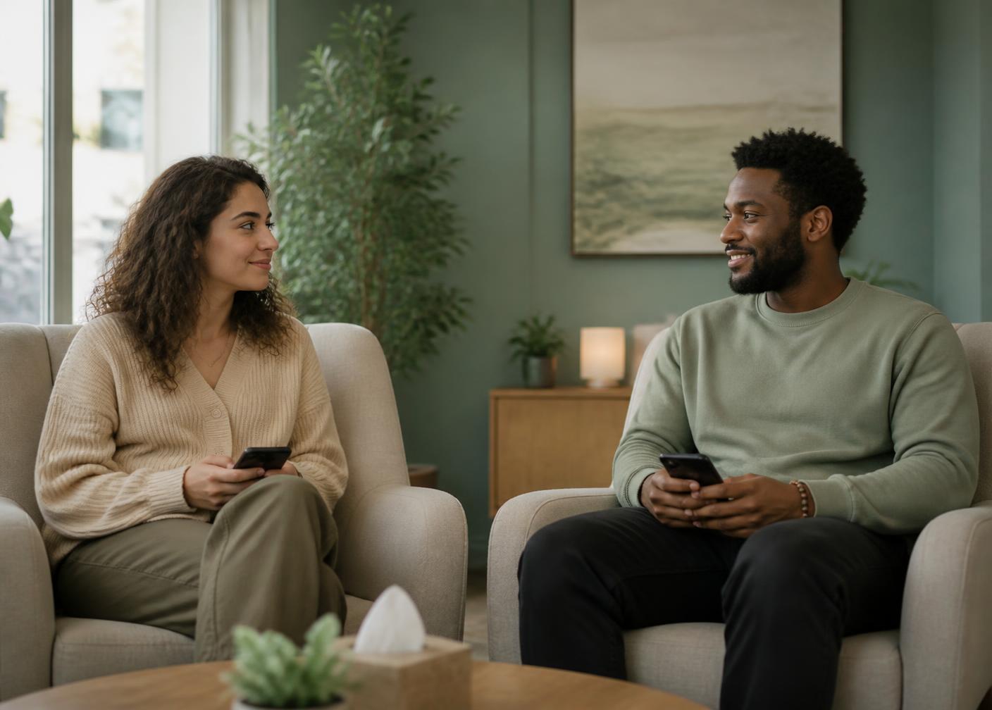 Two partners sitting in soft chairs in a calm room, each holding their own phone, turned toward each other
