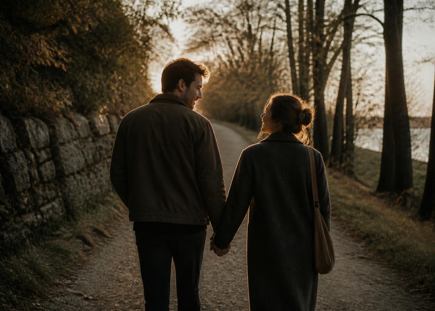 A couple walking a tree-lined path at golden hour, hands lightly linked